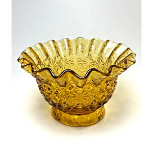 Vintage LE Smith Daisy & Button Yellow Amber Glass Bowl Ruffled Crimped Rim